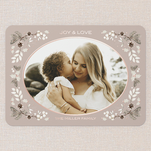 Evergreen Embrace Holiday Card, Brown, Rose Gold Foil, 5x7, Holiday, Matte, Personalized Foil Cardstock, Rounded, Alpaca