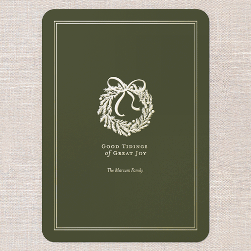 Just For You Holiday Card, Gold Foil, Green, 5x7, Christmas, Matte, Personalized Foil Cardstock, Rounded, Olive