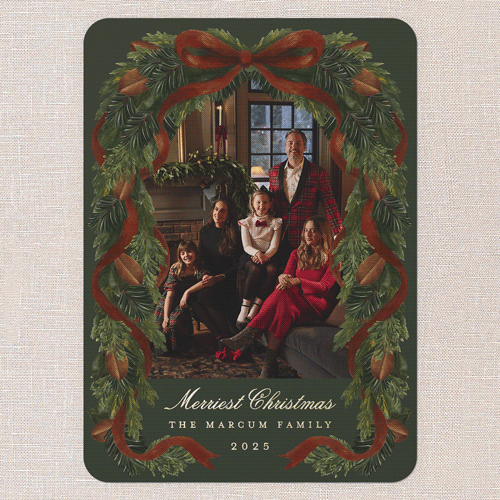 Welcome Home Holiday Card, Gold Foil, Green, 5x7, Christmas, Matte, Personalized Foil Cardstock, Rounded, Pine