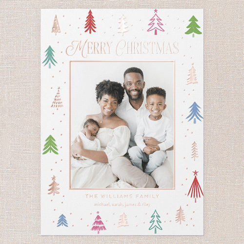Festive Tree Border Holiday Card, White, Rose Gold Foil, 5x7, Christmas, Matte, Personalized Foil Cardstock, Square, White