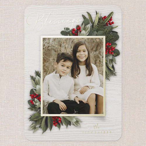 Golden Botanical Holiday Card, Gold Foil, White, 5x7, Religious, Matte, Personalized Foil Cardstock, Rounded, White