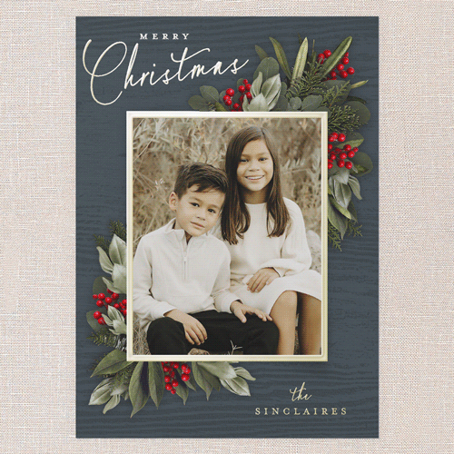 Golden Botanical Holiday Card, Gold Foil, Blue, 5x7, Christmas, Matte, Personalized Foil Cardstock, Square, Blue