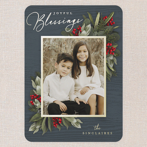 Golden Botanical Holiday Card, Gold Foil, Blue, 5x7, Religious, Matte, Personalized Foil Cardstock, Rounded, Blue