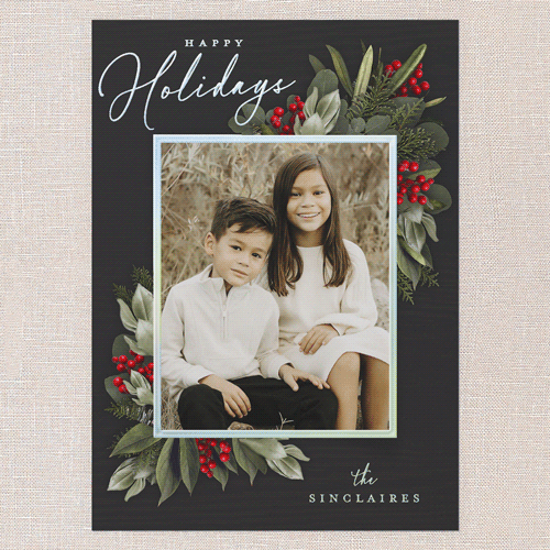 Golden Botanical Holiday Card, Iridescent Foil, Black, 5x7, Holiday, Matte, Personalized Foil Cardstock, Square, Black