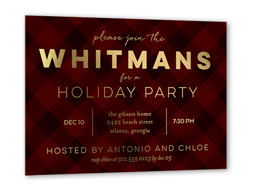 Plaid Party Holiday Invitation Card, Red, Gold Foil, 5x7, Matte, Personalized Foil Cardstock, Square