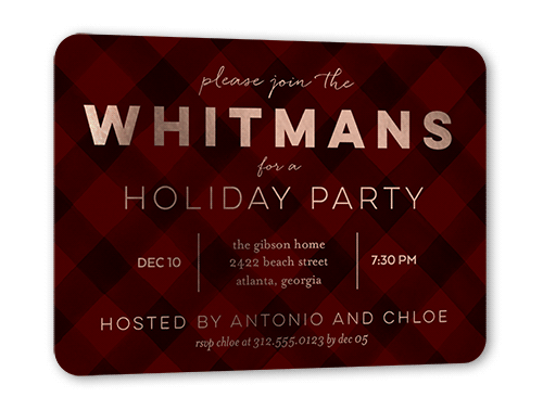 Plaid Party Holiday Invitation Card, Rose Gold Foil, Red, 5x7, Matte, Personalized Foil Cardstock, Rounded