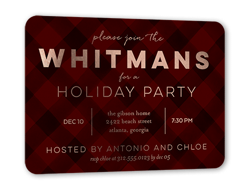 Plaid Party Holiday Invitation Card, Red, Rose Gold Foil, 5x7, Matte, Personalized Foil Cardstock, Rounded, Red