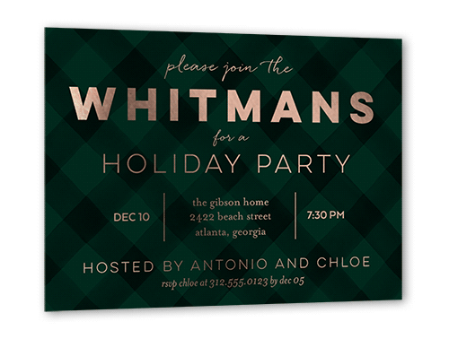 Plaid Party Holiday Invitation Card, Rose Gold Foil, Green, 5x7, Matte, Personalized Foil Cardstock, Square