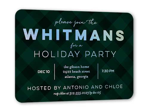 Plaid Party Holiday Invitation Card, Iridescent Foil, Green, 5x7, Matte, Personalized Foil Cardstock, Rounded