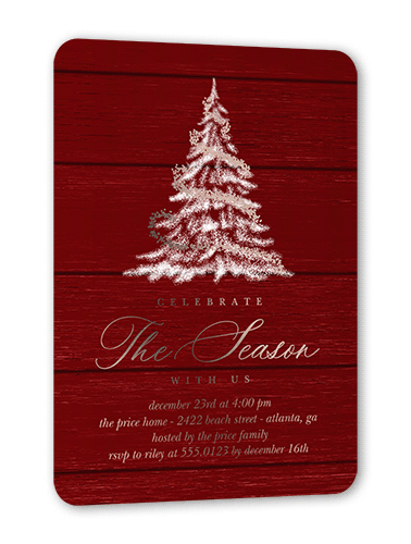 Tree Glow Holiday Invitation, Red, Rose Gold Foil, 5x7, Christmas, Matte, Personalized Foil Cardstock, Rounded