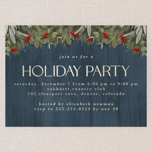 Merry Evergreen Holiday Invitation, Blue, Gold Foil, 5x7, Holiday, Matte, Personalized Foil Cardstock, Square, Blue
