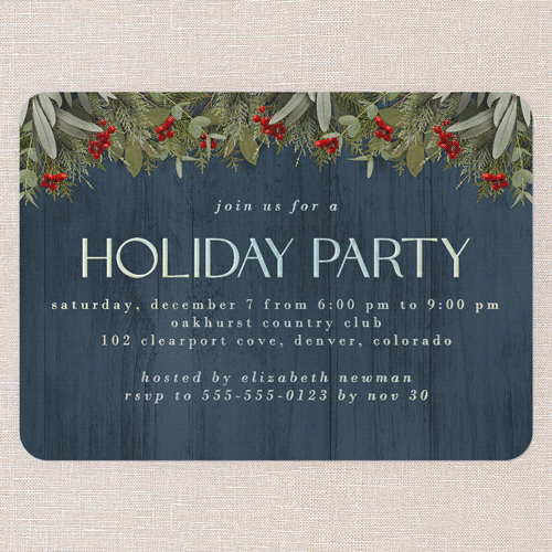 Merry Evergreen Holiday Invitation, Blue, Iridescent Foil, 5x7, Holiday, Matte, Personalized Foil Cardstock, Rounded, Blue