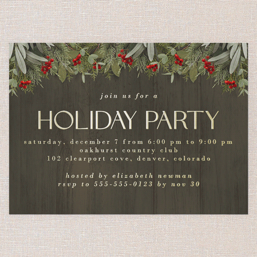 Merry Evergreen Holiday Invitation, Brown, Gold Foil, 5x7, Holiday, Matte, Personalized Foil Cardstock, Square