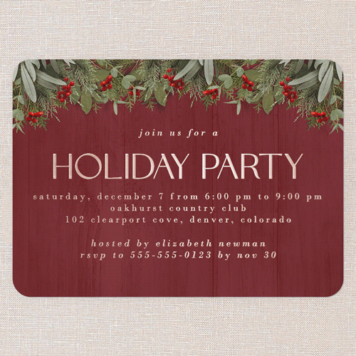 Merry Evergreen Holiday Invitation, Red, Rose Gold Foil, 5x7, Holiday, Matte, Personalized Foil Cardstock, Rounded, Red