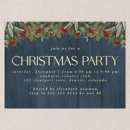 Merry Evergreen Holiday Invitation, Blue, Gold Foil, 5x7, Christmas, Matte, Personalized Foil Cardstock, Square, Blue