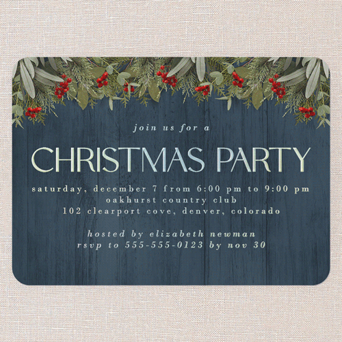 Merry Evergreen Holiday Invitation, Blue, Iridescent Foil, 5x7, Christmas, Matte, Personalized Foil Cardstock, Rounded, Blue