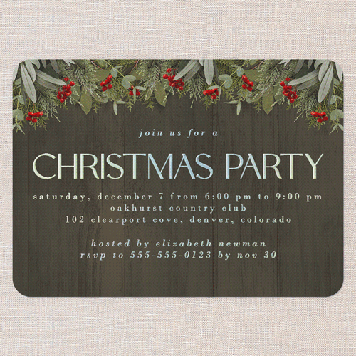 Merry Evergreen Holiday Invitation, Brown, Iridescent Foil, 5x7, Christmas, Matte, Personalized Foil Cardstock, Rounded, Brown