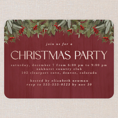 Merry Evergreen Holiday Invitation, Red, Rose Gold Foil, 5x7, Christmas, Matte, Personalized Foil Cardstock, Rounded