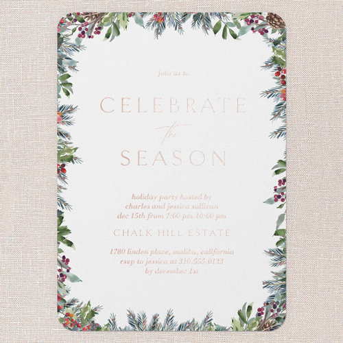 Evergreen Trim Holiday Invitation, White, Rose Gold Foil, 5x7, Holiday, Matte, Personalized Foil Cardstock, Rounded, White