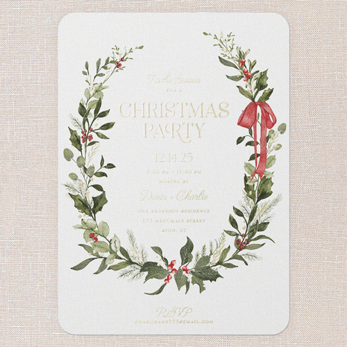 Ribbon Welcome Holiday Invitation, Gold Foil, White, 5x7, Christmas, Matte, Personalized Foil Cardstock, Rounded, White