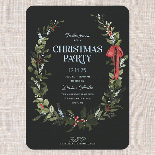 Ribbon Welcome Holiday Invitation, Black, Iridescent Foil, 5x7, Christmas, Matte, Personalized Foil Cardstock, Rounded, Black