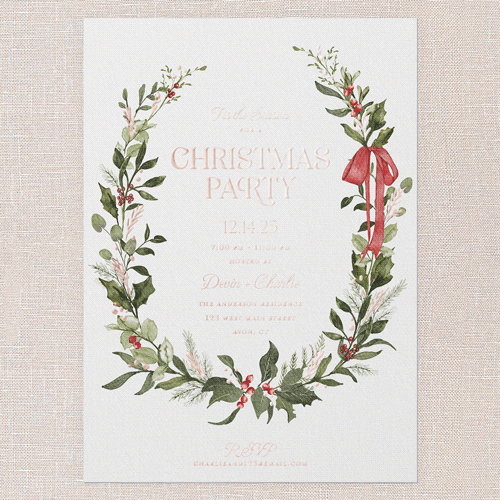 Ribbon Welcome Holiday Invitation, White, Rose Gold Foil, 5x7, Christmas, Matte, Personalized Foil Cardstock, Square, White