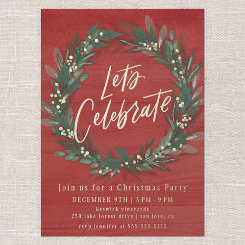 Cheerful Wreath Holiday Invitation, Gold Foil, Red, 5x7, Christmas, Matte, Personalized Foil Cardstock, Square, Red