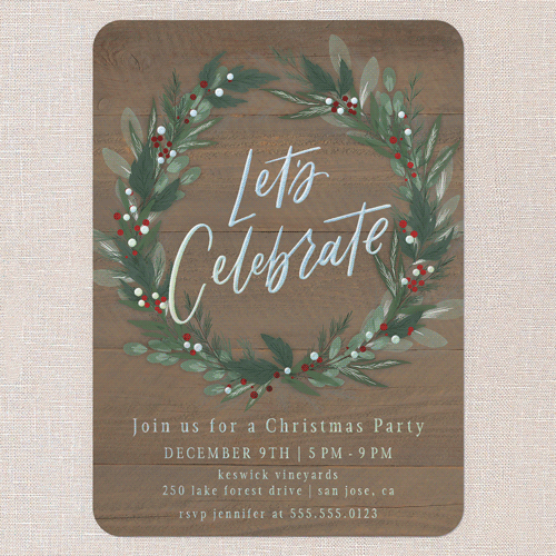 Cheerful Wreath Holiday Invitation, Iridescent Foil, Brown, 5x7, Christmas, Matte, Personalized Foil Cardstock, Rounded, Clove