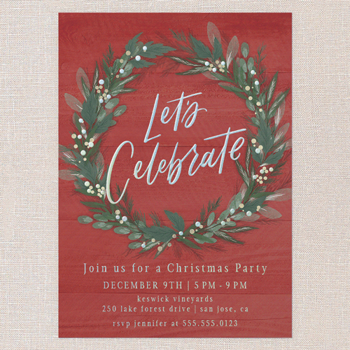 Cheerful Wreath Holiday Invitation, Iridescent Foil, Red, 5x7, Christmas, Matte, Personalized Foil Cardstock, Square, Red