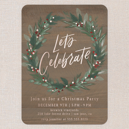 Cheerful Wreath Holiday Invitation, Rose Gold Foil, Brown, 5x7, Christmas, Matte, Personalized Foil Cardstock, Rounded, Clove
