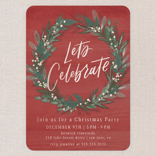 Cheerful Wreath Holiday Invitation, Rose Gold Foil, Red, 5x7, Christmas, Matte, Personalized Foil Cardstock, Rounded, Red