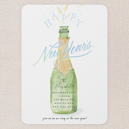 Champagne Splash Holiday Invitation, White, Iridescent Foil, 5x7, New Year, Matte, Personalized Foil Cardstock, Rounded, White