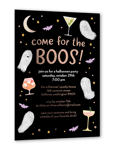 Come for the Boos Halloween Invitation, Black, Rose Gold Foil, 5x7, Matte, Personalized Foil Cardstock, Square
