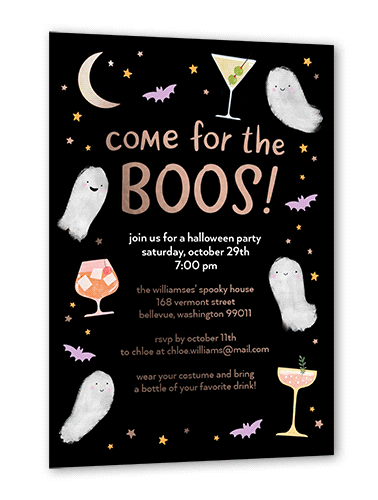 Come for the Boos Halloween Invitation, Black, Rose Gold Foil, 5x7, Matte, Personalized Foil Cardstock, Square, Black