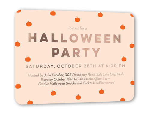 Lil Pumpkins Halloween Invitation, Rose Gold Foil, Orange, 5x7, Matte, Personalized Foil Cardstock, Rounded, Peach