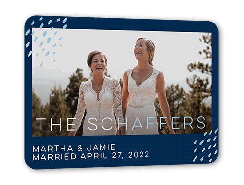 Blissful Confetti Wedding Announcement, Iridescent Foil, Blue, 5x7, Matte, Personalized Foil Cardstock, Rounded, Navy