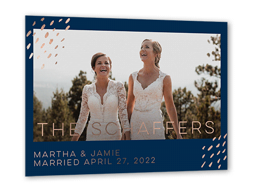 Blissful Confetti Wedding Announcement, Rose Gold Foil, Blue, 5x7, Matte, Personalized Foil Cardstock, Square, Navy