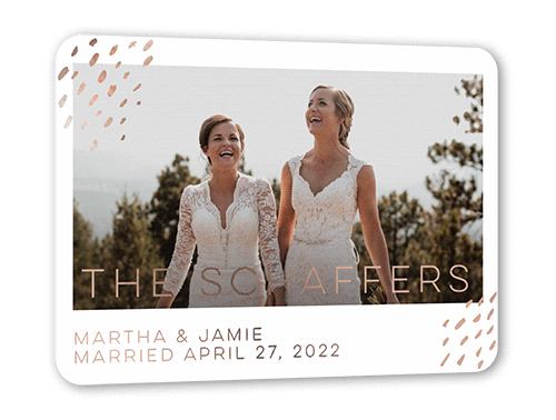 Blissful Confetti Wedding Announcement, Rose Gold Foil, White, 5x7, Matte, Personalized Foil Cardstock, Rounded