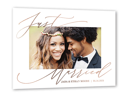 Script Form Wedding Announcement, Rose Gold Foil, White, 5x7, Matte, Personalized Foil Cardstock, Square
