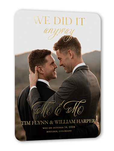We Did It Anyway Mr Wedding Announcement, Black, Gold Foil, 5x7, Matte, Personalized Foil Cardstock, Rounded, Black