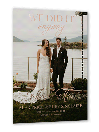 We Did It Anyway Mrs Wedding Announcement, Rose Gold Foil, Black, 5x7, Matte, Personalized Foil Cardstock, Square