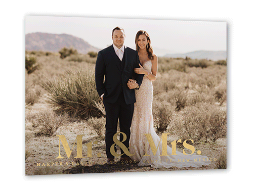 Mr. & Mrs. Modern Wedding Announcement, Gold Foil, Black, 5x7, Matte, Personalized Foil Cardstock, Square