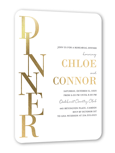 Stacked Standout Rehearsal Dinner Invitation, White, Gold Foil, 5x7, Matte, Personalized Foil Cardstock, Rounded