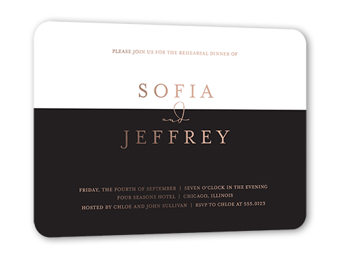 Dazzling Duet Rehearsal Dinner Invitation, Black, Rose Gold Foil, 5x7, Matte, Personalized Foil Cardstock, Rounded