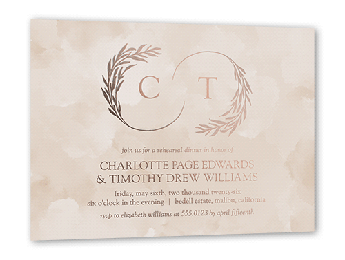 Reflective Rings Rehearsal Dinner Invitation, Beige, Rose Gold Foil, 5x7, Matte, Personalized Foil Cardstock, Square, Adobe Blush