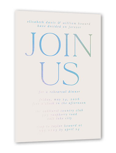Brightly Joined Rehearsal Dinner Invitation, Beige, Iridescent Foil, 5x7, Matte, Personalized Foil Cardstock, Square
