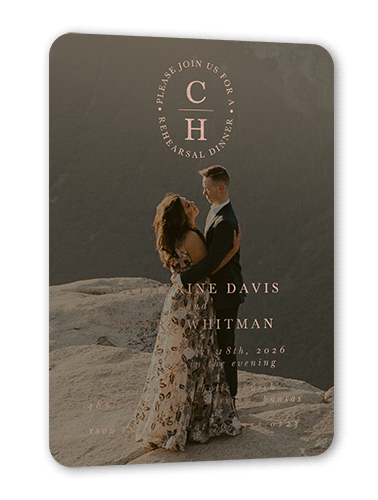 Polished Monogram Rehearsal Dinner Invitation, Black, Rose Gold Foil, 5x7, Matte, Personalized Foil Cardstock, Rounded, Coal