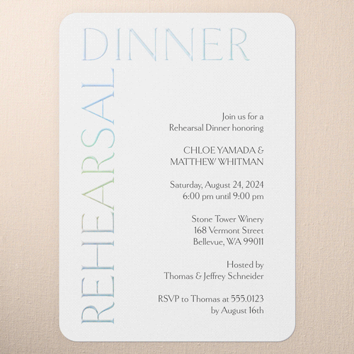 Gleaming Headline Rehearsal Dinner Invitation, White, Iridescent Foil, 5x7, Matte, Personalized Foil Cardstock, Rounded