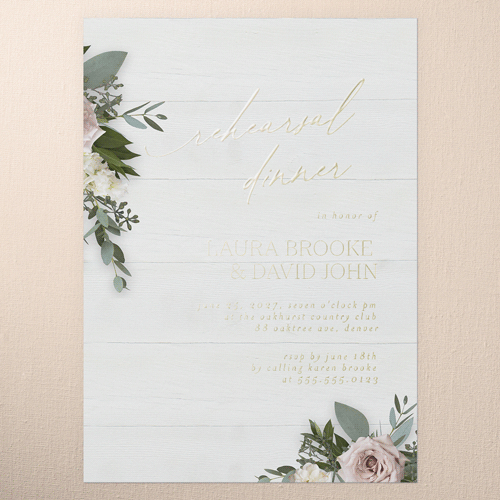 Classic Bouquet Rehearsal Dinner Invitation, White, Gold Foil, 5x7, Matte, Personalized Foil Cardstock, Square, White