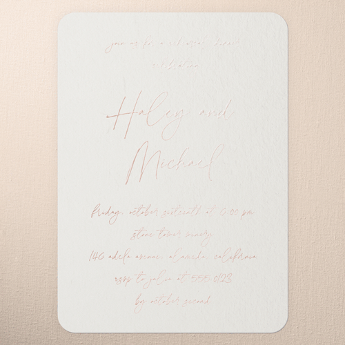 All Script Rehearsal Dinner Invitation, Rose Gold Foil, White, 5x7, Matte, Personalized Foil Cardstock, Rounded, Almond